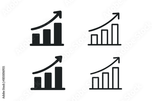 Set of four bar chart icons with upward trending arrows indicating growth and progress