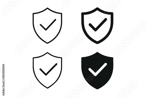 Set of four shield icons with checkmarks, representing security and approval