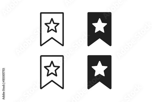 Bookmark icons with stars, outline and filled, black and white variations