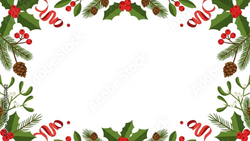 Festive Christmas Border with Holly, Pinecones, and Ribbons for Holiday Greetings and Decorations