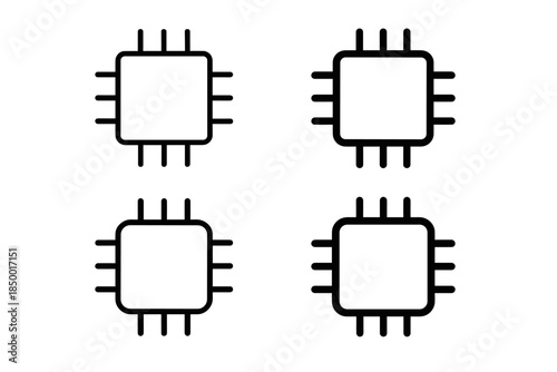 Set of four simple black and white icons representing computer microchips on a white background
