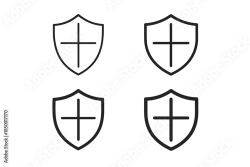Collection of four shield icons with a plus sign inside, representing security and protection