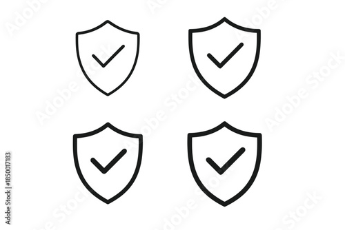 Four shield icons with checkmarks, representing security and verification in a simple line art style