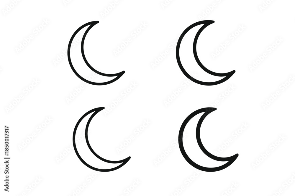 Fototapeta premium Four simple crescent moon icons in a clean outline style on a white background