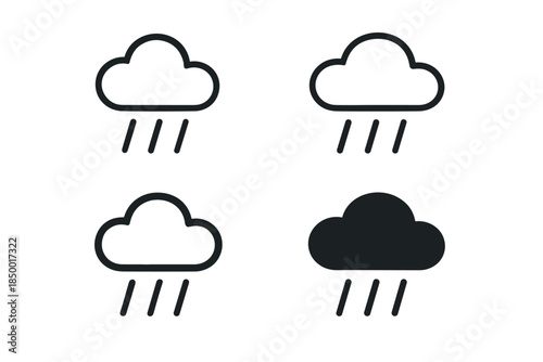 Set of four cloud icons with rain, two outlined and two solid black