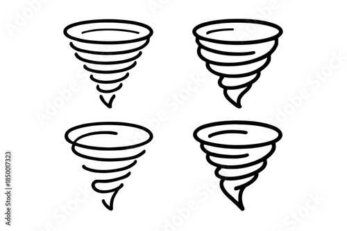 Collection of four stylized tornado icons in a simple black and white line art style