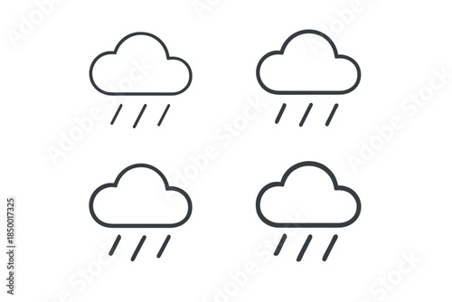 Set of four simple line art icons representing rain clouds with falling raindrops