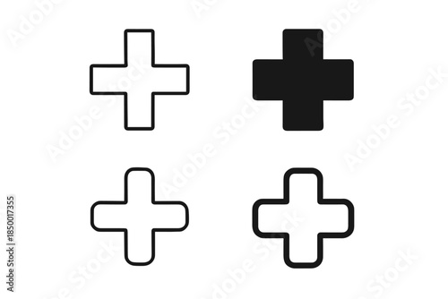 Set of four plus signs, two filled black and two outlined white, on a white background