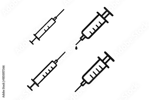 Set of four simple line art syringes with different angles and one with a drop