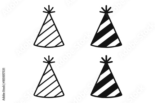 Four simple black and white party hats with striped patterns