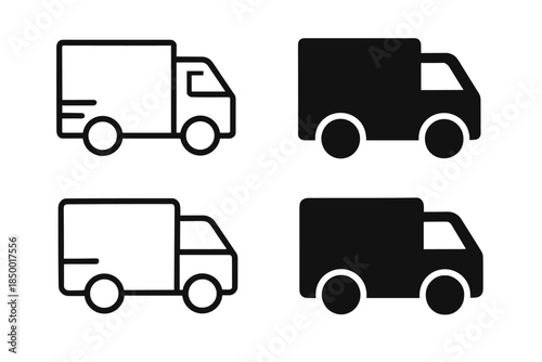 Set of four simple truck icons, two outline and two solid black, representing delivery services