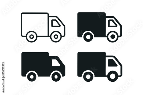 Set of four truck icons in outline and solid fill styles for delivery and logistics