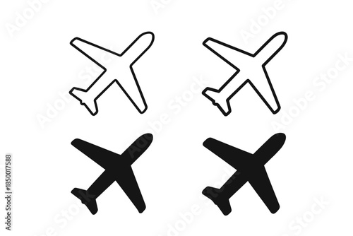 Two outline and two solid silhouette airplane icons on a white background