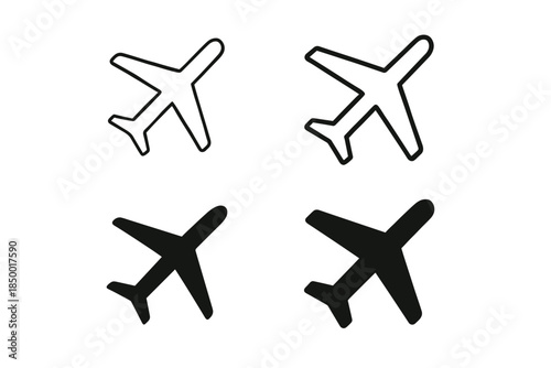 Set of four airplane icons, two outlined and two solid black, representing travel and aviation