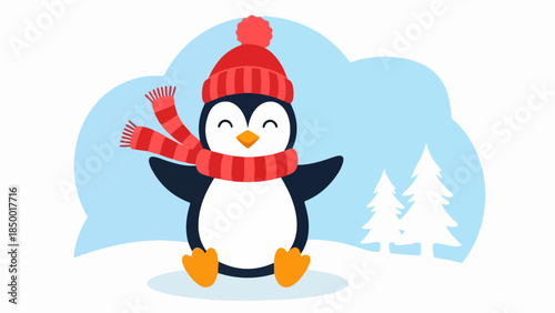 Cheerful stylized illustration of a penguin with a red and white scarf and hat standing in a wintry setting