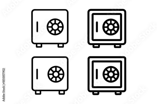 Collection of four simple line art icons representing security safes with combination locks
