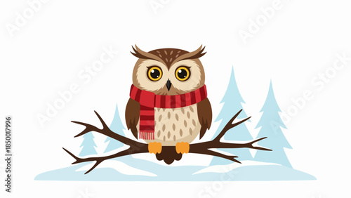 Owl with red scarf perched on snow-dusted tree branch in winter landscape