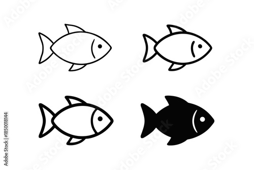 Set of four simple fish icons, two outlined and two solid black, on a white background