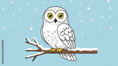 Cartoon owl with yellow eyes perched on a snow-dusted brown branch against a blue winter sky