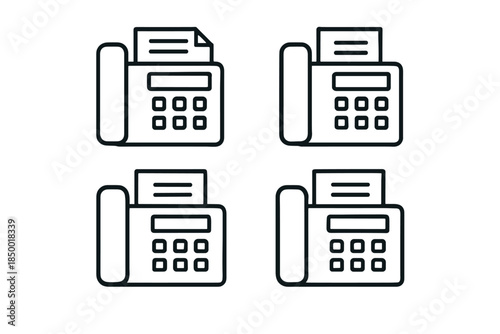Set of four simple line art icons representing fax machines with paper output