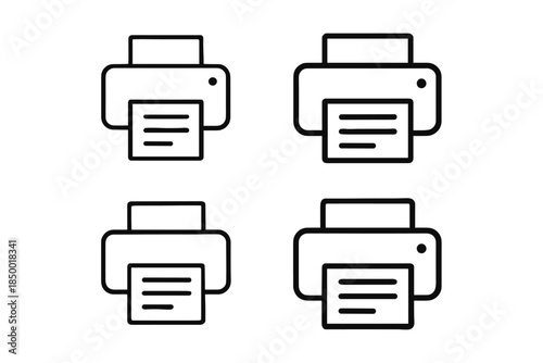 Set of four simple line art icons representing printers with paper output