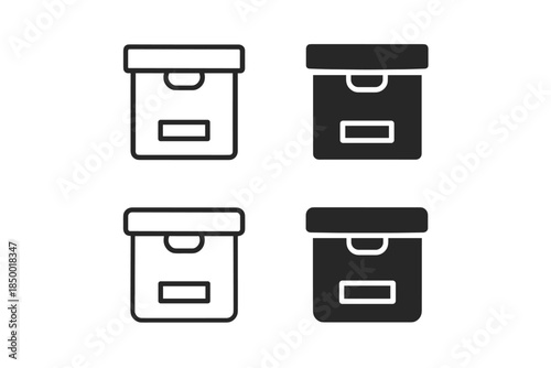 Set of four archive box icons in outline and solid fill styles on white background