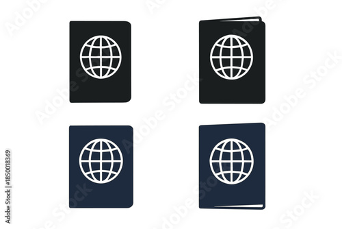 Collection of four passport icons with globe symbol in black and navy blue