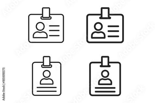 Set of four simple line art icons representing identification badges with person silhouette and lines
