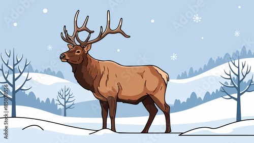 Majestic brown deer with large antlers standing in a serene winter landscape with snow-covered mountains and bare trees