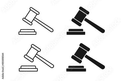 Set of gavel icons in outline and solid black for legal and justice concepts