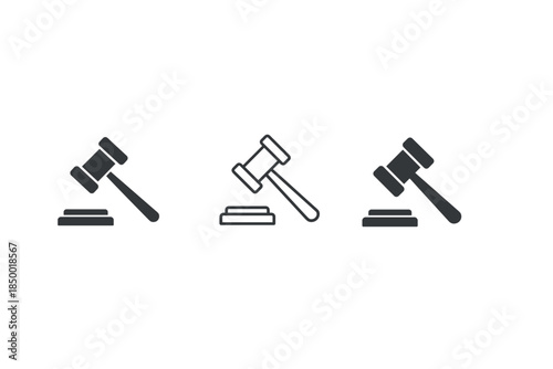 Set of three gavel icons representing justice, law, and auction decisions