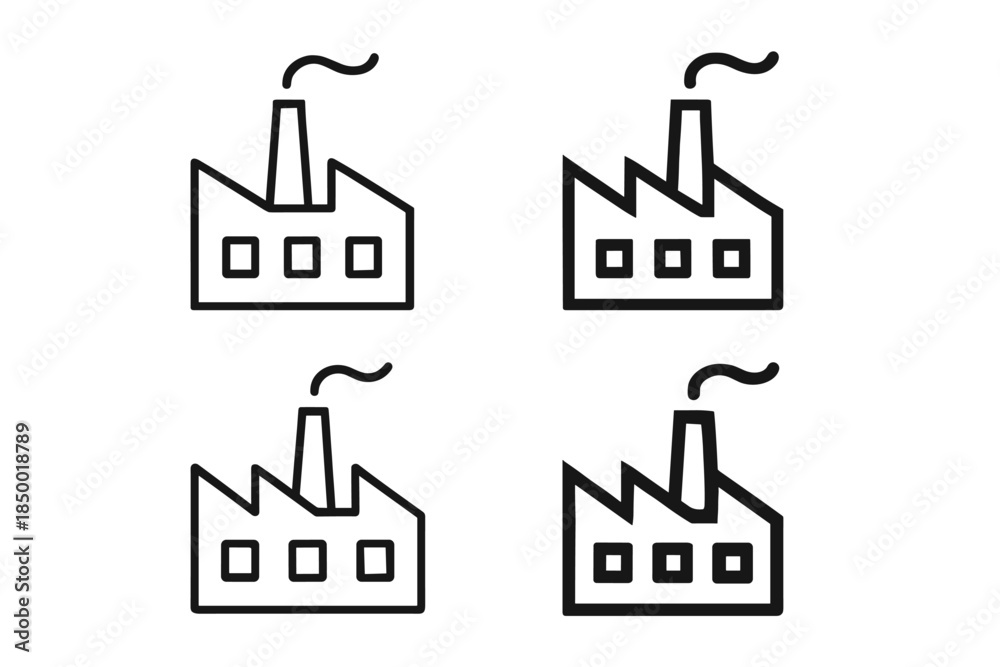 Obraz premium Set of four simple factory icons with smoke coming from chimneys, isolated on white background