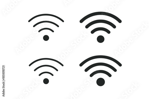 Four simple black wifi signal icons in different sizes and signal strengths on a white background