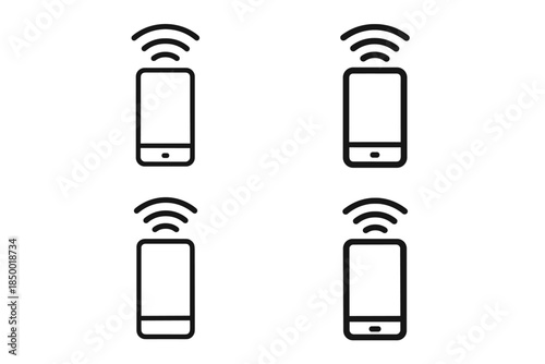 Four simple outline icons of smartphones with Wi-Fi signal waves above them