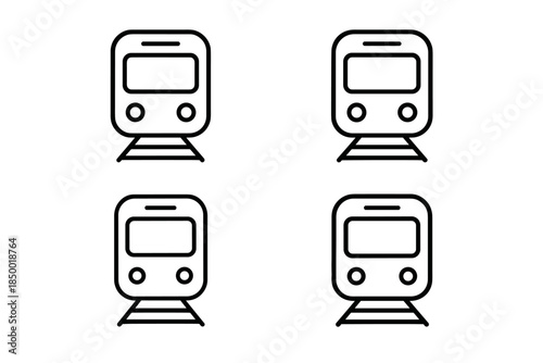 Set of four simple line art icons depicting the front view of a modern train on tracks