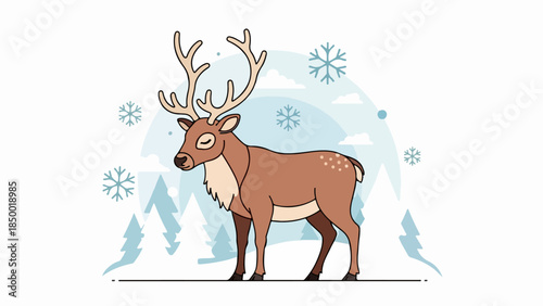 Illustration of a reindeer standing in a serene winter landscape with snow-covered trees and rolling hills