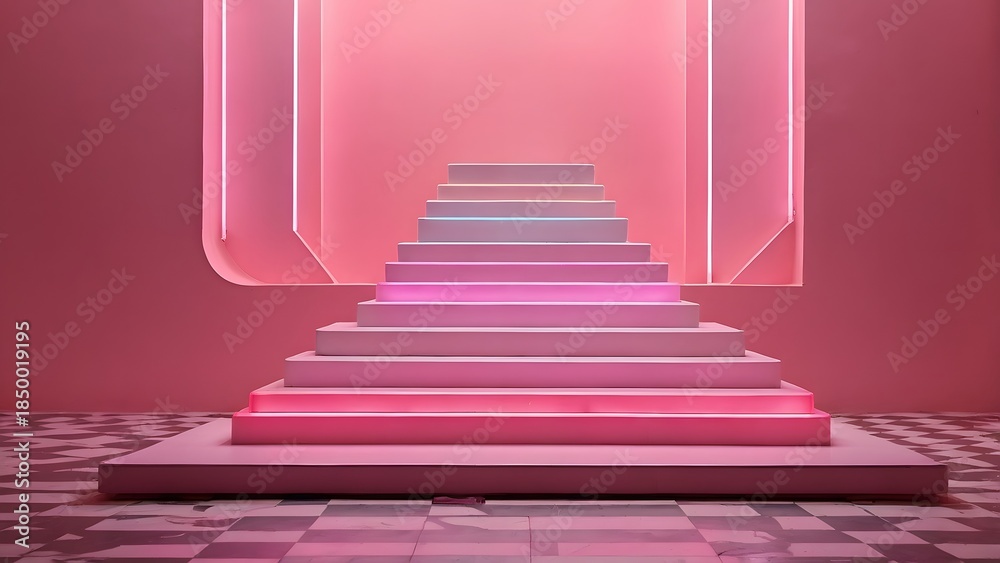 Fototapeta premium Minimal pastel pink podium stage with neon light steps for product display