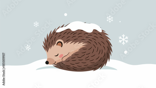Close-up of a hedgehog curled into a ball in a snowy winter landscape