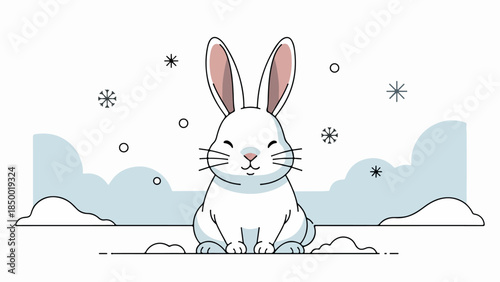 Light gray rabbit with pink ears and nose in a winter scene with snowflakes and blue background