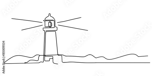 A vector silhouette of a lighthouse  on a white background with a blue sky line and electricity wire cables near a mountain ski lift cabin and winter nature