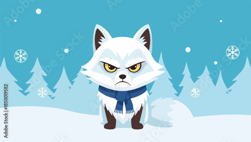 White fox standing upright with blue scarf in winter forest illustration
