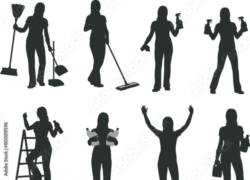 Female Cleaning Silhouettes Set: Women Holding Brooms, Mops, and Spray Bottles for Domestic and Professional Housekeeping Icons Vector
