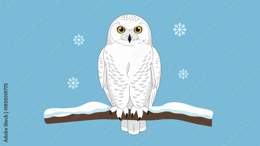 Fototapeta premium White owl with bright yellow eyes perched on a snow-dusted brown branch against a light blue background