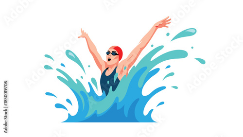 Dynamic female swimmer splashing water in vibrant flat design