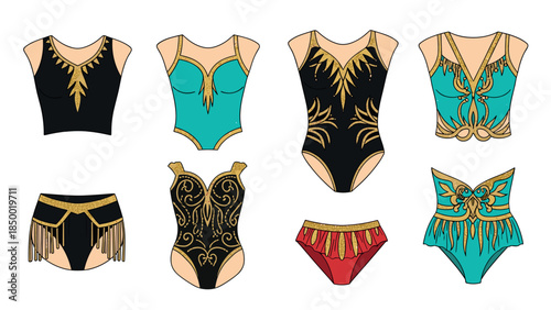 Artistic gymnastics costume design: colorful set of leotards
