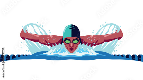 Dynamic butterfly stroke swimming in action with splashing water and goggles