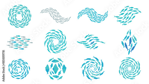 Dynamic fish school patterns: swirls, circles, and waves in aquatic design