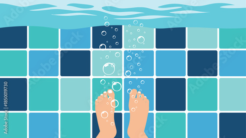Refreshing blue pool tiles with bare feet and bubbles on water surface
