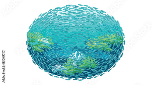 Underwater coral reef with school of fish: vibrant marine life in blue ocean