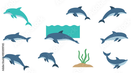 Collection of flat dolphin icons with ocean elements